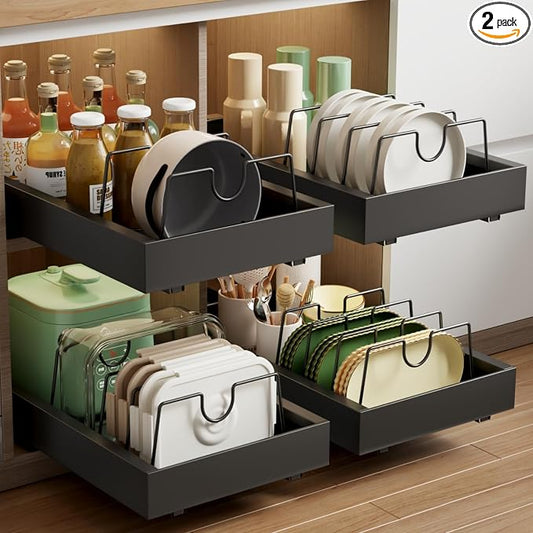 Mustorn 2 Pack Pull Out Cabinet Organizer with 8 Dividers,21.8" Deep Slide Out Drawers for Cabinets Adhesive Pull Out Drawers Heavy Duty Pull Out Shelves for Kitchen, Cupboard, Pantry, Bathroom-Black by MUSTORN