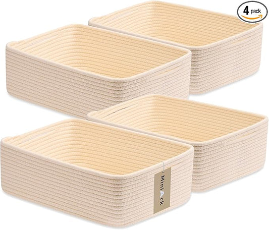 MiniArk Large Shallow Organizing Baskets 15x11x5.1 Inches - Rope Woven Storage Bins for Bathroom, Shelves, Cube Closet, Beige 4 Packs by MiniArkStorageBasketsHome