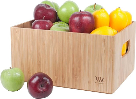 MobileVision Bamboo Storage Box Multi-Purpose Organizer for Kitchen Supplies Holder, Fruit Bin, Cabinets, Pantry with built in handles, stackable, 12” x 9” x 6” With White Clip Included by MobileVision