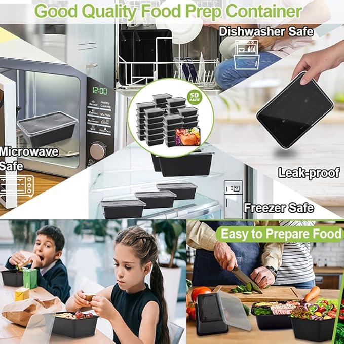 50-Pack Meal Prep Containers, Food Storage with Lids, 1000ml/34 OZ | Reusable Microwave Disposable Plastic Bento Boxes BPA Free Lunch Storage Boxes for Meal Prepping-Stackable, Dishwasher Safe. - Image 5