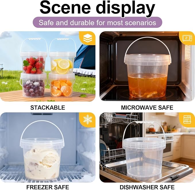 6 Pack 1 Gallon Food Grade Plastic Buckets with Screw Lids & Handle, Reusable Storage Containers for Snacks, Salad, Sauce - Clear Freezer Safe Bucket Set (Transparent) - Image 2