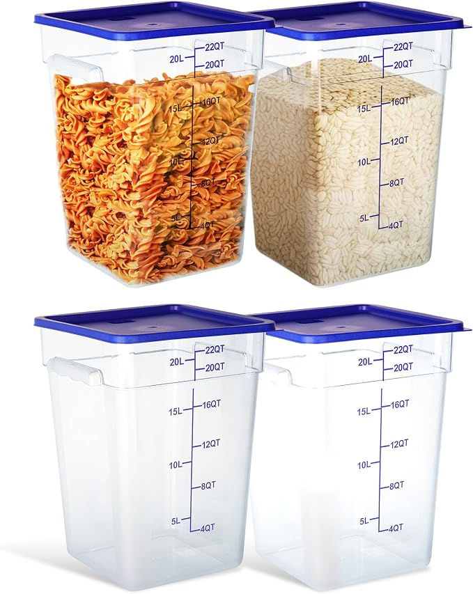 4 Pack 22QT Square Food Storage Containers with Lids | Clear NSF polycarbonate containers with scale, label and measuring cup, stackable for prep, storage, freezer. Dishwasher safe by STEELUS