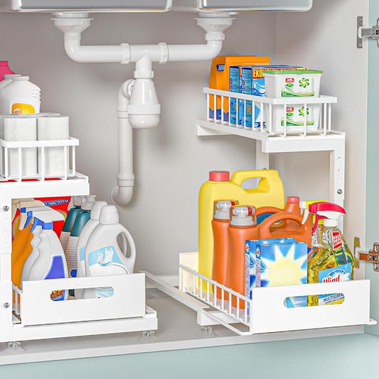 2-Pack L-Shaped Under Sink Organizer, 2-Tier Pull-out Cabinet Rack | White Height-Adjustable Metal Rack, Sliding Grid Drawers with Safety Stopper, Holds 100 Lbs, Ideal Kitchen Cabinet Storage by Saydear