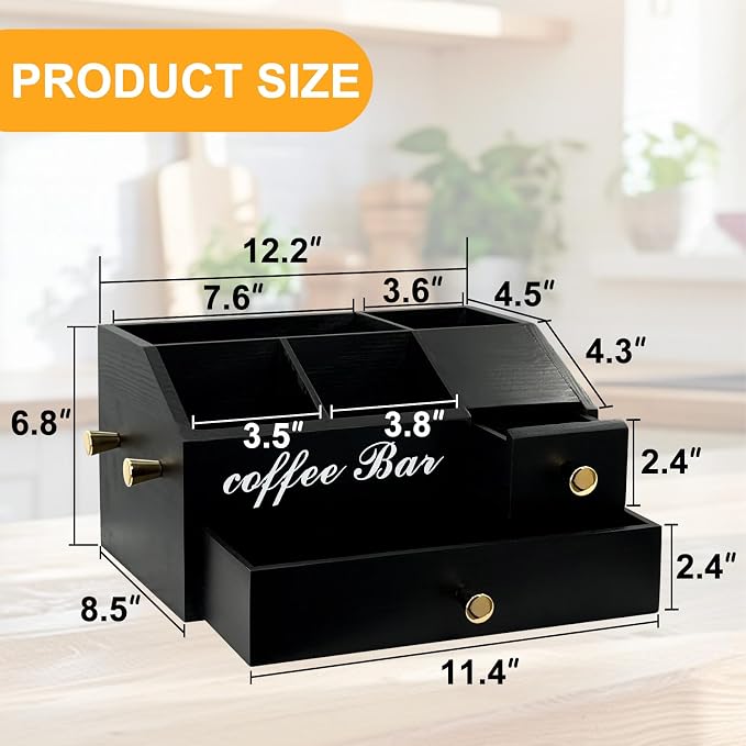 Coffee Station Organizer - Farmhouse Wood Kcup Holder for Counter, Countertop Snack Organizer with Hanging Handles, Suitable for Snacks, Coffee Capsules, Syrups and Various Accessories(Black) - Image 2