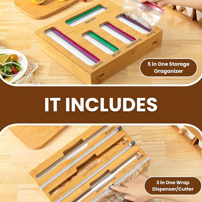 9-in-1 Bamboo Kitchen Drawer Organizer - Storage Bag Holder with Built-In Foil & Wrap Cutter Dispenser - Wooden Food Storage Bag Organizer for Gallon, Quart, Sandwich and Snack Sizes - Image 6
