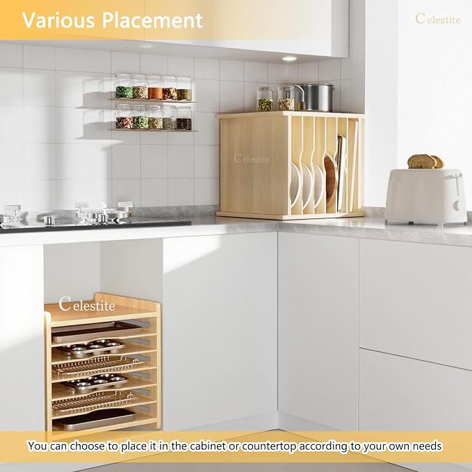 celestite Wooden Tray Dividers for Cabinets, Cookie Sheet Organizer for Cabinet, Baking Sheet Pan Organizer for Kitchen Organizers and Storage (7 Tier 20" Wx16.7 Hx15.2 D) - Image 5