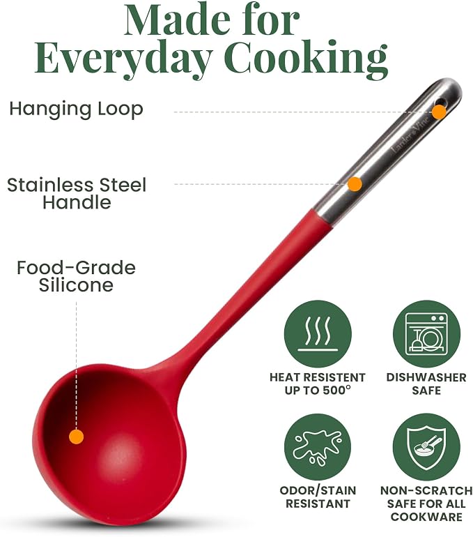 Larder & Vine 12-Piece Silicone Kitchen Cooking Utensils Set with Stainless Steel Handle and Ceramic Holder, Dishwasher Safe Set of Kitchen Essentials (Cabernet) - Image 4