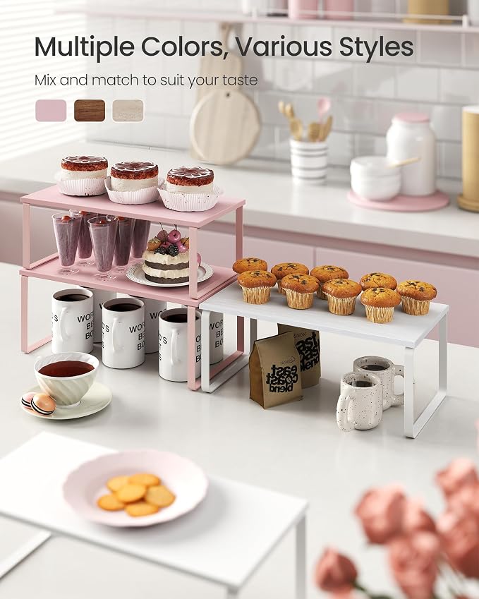 SONGMICS Cabinet Organizer Shelf, Set of 2 Kitchen Counter Shelves, Kitchen Storage, Spice Rack, Stackable, Expandable, Metal and Engineered Wood, 15.6 Inches, Jelly Pink UKCS025S01 - Image 3