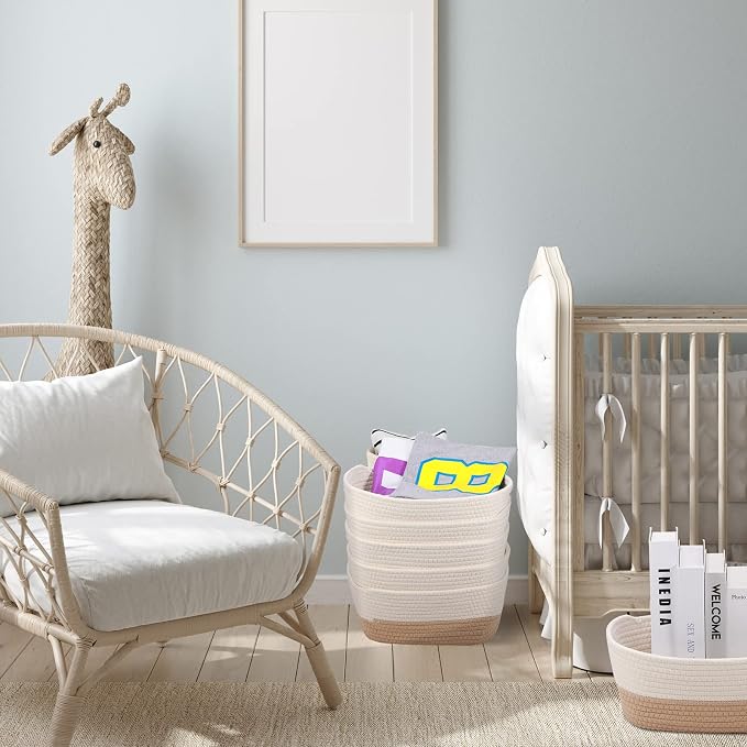 Sawysine 6 Pcs Storage Baskets Bulk for Organizing Cotton Rope Woven Basket with Handles for Gift Cloth Shelves Blanket Toys Living Room(Khaki and White) - Image 5