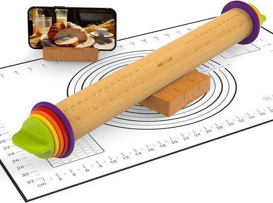 Rolling Pin with Thickness Rings and Pastry Baking Mat, 13.6" Adjustable Wooden Rolling Pin Dough Roller for Baking Cookie Pizza, Comes with Large Silicone Pastry Mat and Wooden Stand by MeppleMakeYourLifeSimple