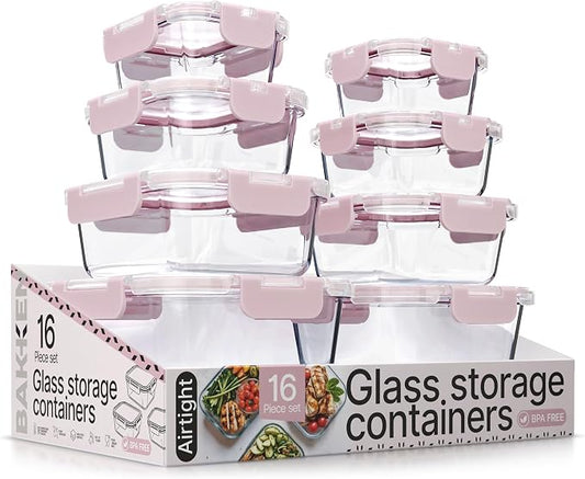 Bakken Borosilicate Glass Food Storage Containers with Lids 16 Pieces, BPA-Free Stackable Lunch & Leftover Containers, Microwave, Freezer & Dishwasher Safe, 100% Airtight Leak-Proof, Pink by BAKK%C3%8BNMASTER