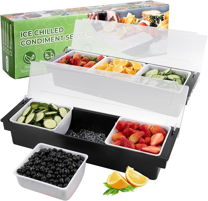2-Pack Condiment Caddy with Lid, 3-Compartment, Ice Space Base | Under-tray ice space keep food chilled,3 removable trays for quick refill,finger grips,frosted cover,for bars buffets parties by POWLAB