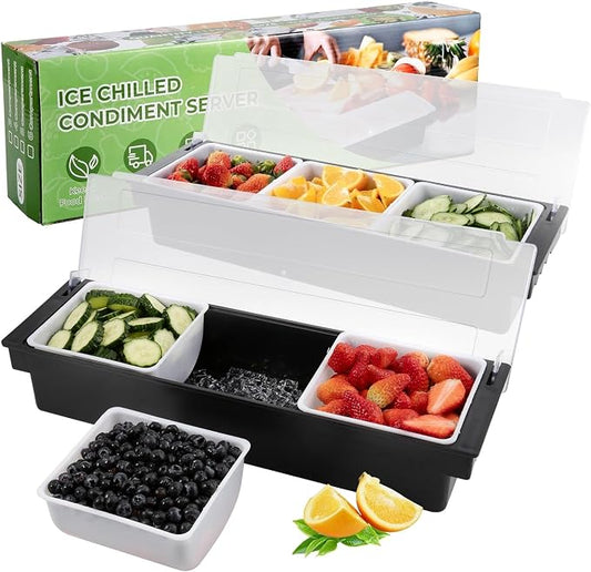 2-Pack Condiment Caddy with Lid, 3-Compartment, Ice Space Base | Under-tray ice space keep food chilled,3 removable trays for quick refill,finger grips,frosted cover,for bars buffets parties by POWLAB