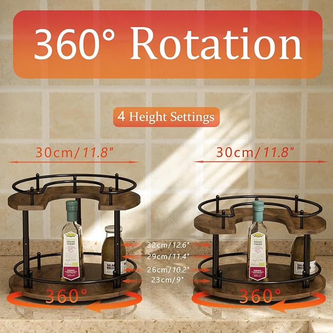 2 Tier Lazy Susan Organizer,2-Tier Spinning Spice Rack with Stable Carousel Base & 4 Height Settings for Cupboard Kitchen Countertop Dining Table Cupboard (Round) - Image 3
