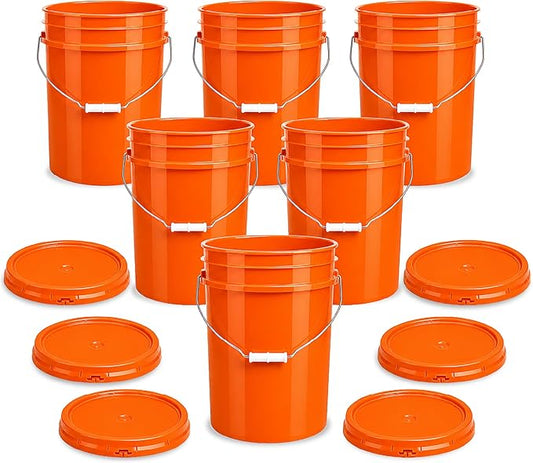 5 Gallon Bucket - Food Grade Bucket with Airtight Gasketed Tear Strip Lid, BPA-Free, Heavy-Duty 90 Mil HDPE Plastic Pail, Bulk Storage, Durable Container, Made in USA - Orange, 6 Packs | Airtight Gasketed Tear Strip Lid, Heavy-Duty 90 Mil HDPE Plastic ... by ePackageSupply