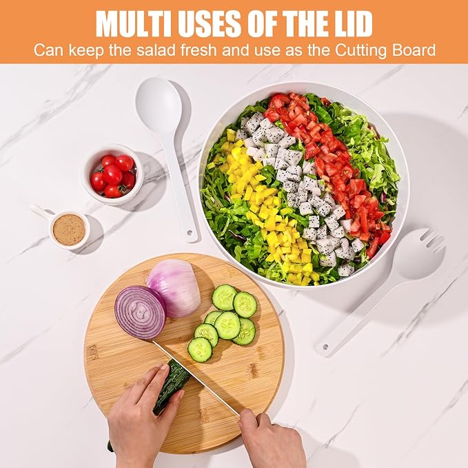 LOVYANXUE Salad Bowl with Lid, 12" Extra Large Bamboo Fiber Salad Bowl with Servers Set for Kitchen, Nature Bamboo Mixing and Serving Bowl with Lid, Spoon and Fork for Fruits,Salads and Vegetables - Image 3