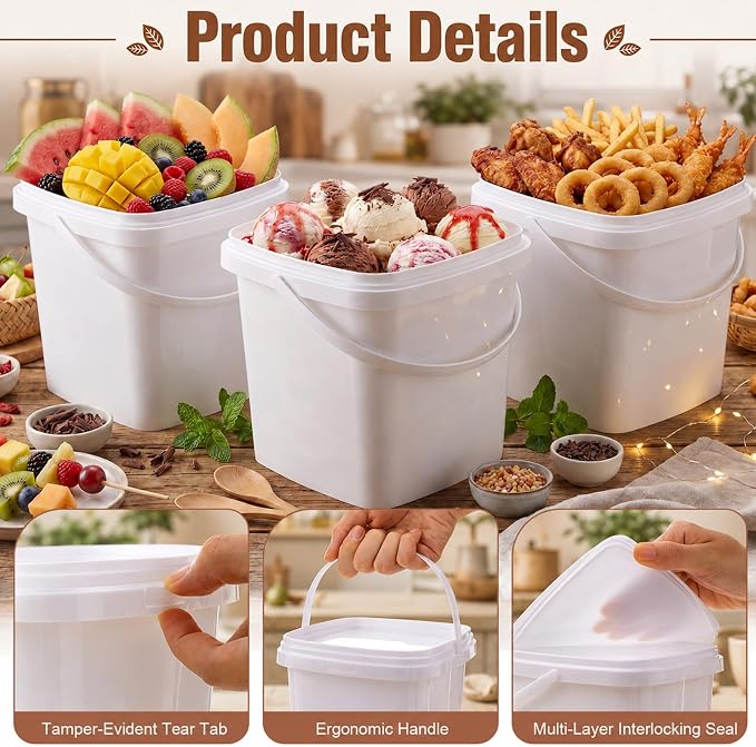 36 Pack 68 oz Ice Cream Buckets with Lids and Handles Food Grade Ice Cream Storage Containers White Reusable Plastic Stackable Tub with Airtight Seal for Commercial Kitchen Fruit Liquid Deli - Image 2