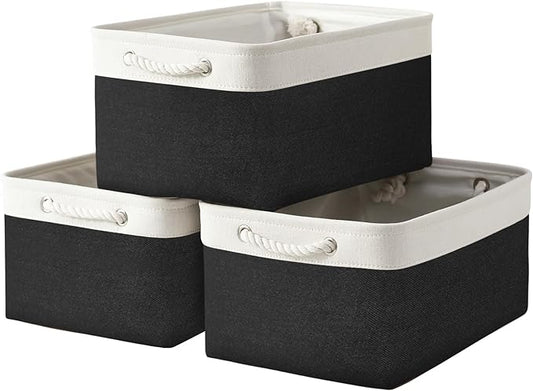 Storage Basket for Organizing - Large 3 Pack 15.7x11.8x8.3 inch Collapsible Storage Bin for Shelves with Handles Laundry Cube Toy Closet Nursery (Whiet & Black) by TheWarmHome