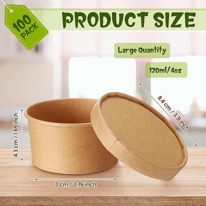 Fulmoon 100 Pack Paper Soup Containers with Lids Disposable Paper Food Containers with Vented Lid Kraft Ice Cream Cake Dessert Cups Soup Bowl for Party Hot Food Fruit Microwave(4 oz,Brown) - Image 2