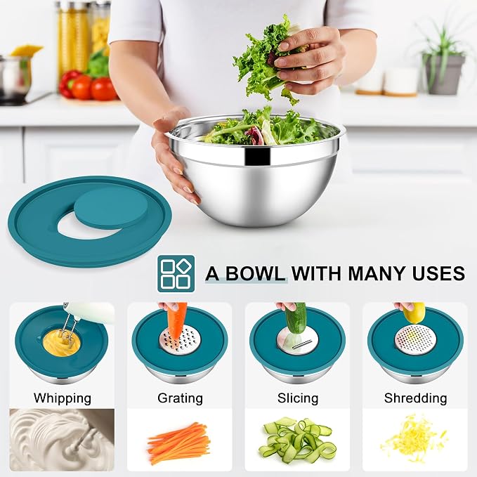 E-far Mixing Bowls with Lids Set, 7-Piece Stainless Steel Mixing Bowls with 3 Grater Attachments, Size 4.6, 3.5, 2.6, 2, 1.5, 1, 0.7QT, Metal Nesting Bowls & Blue Airtight Lids, For Baking/Cooking - Image 4