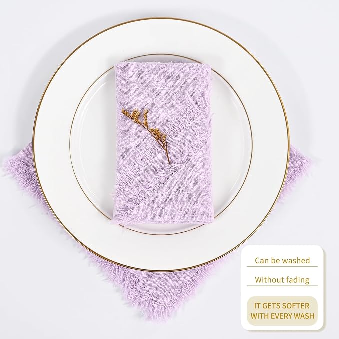 60 Pack Lavender Napkins Cotton Linen Napkin 16 x 16 Inch Handmade with Fringe Soft Lilac Napkins Cloth Washable Rustic Dinner Napkin Cloth for Wedding Party Dinner Table - Image 6