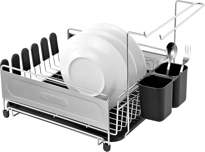 happimess Dish Drying Rack Compact Stainless Steel, 17.25", Silver/Black | Fingerprint-Proof, Wine Glass Holder, Detachable Utensil Caddy, Drainboard, Non-Slip Feet, Modern Contemporary Style - Image 10