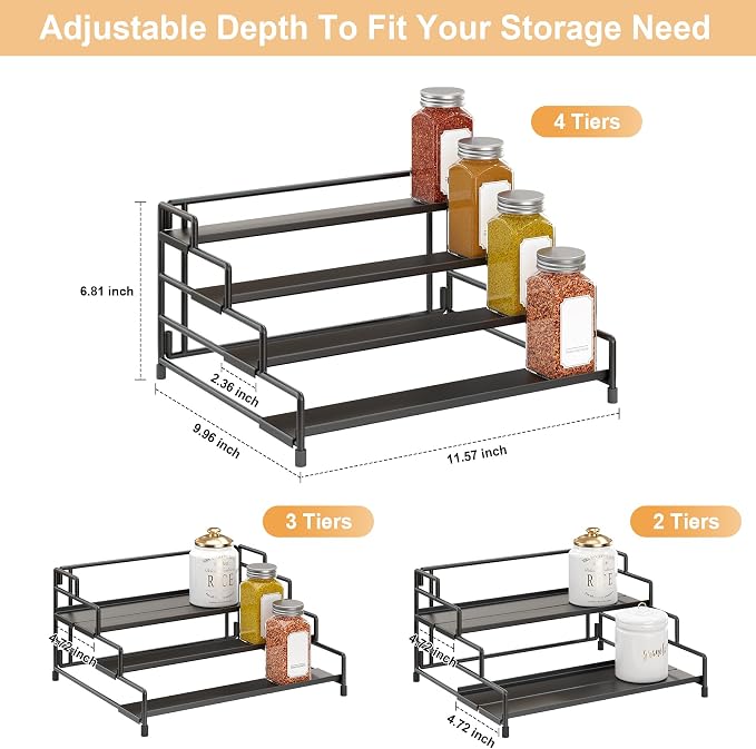 RUILALIFE 4-Tier-Spice-Rack-Organizer-for-Cabinet, Adjustable Depth Spice Holder Shelf For Countertop Pantry Cupboard, Metal Tiered Seasoning Organizer,Display Shelf Riser (Black-2 Pack) - Image 3