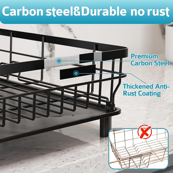 Dish Drying Rack - Space Saving Dish Rack - Dish Racks for Kitchen Counter with Drainboard,Rustproof Dish Drainer with Removable Utensil Holder,Black - Image 3