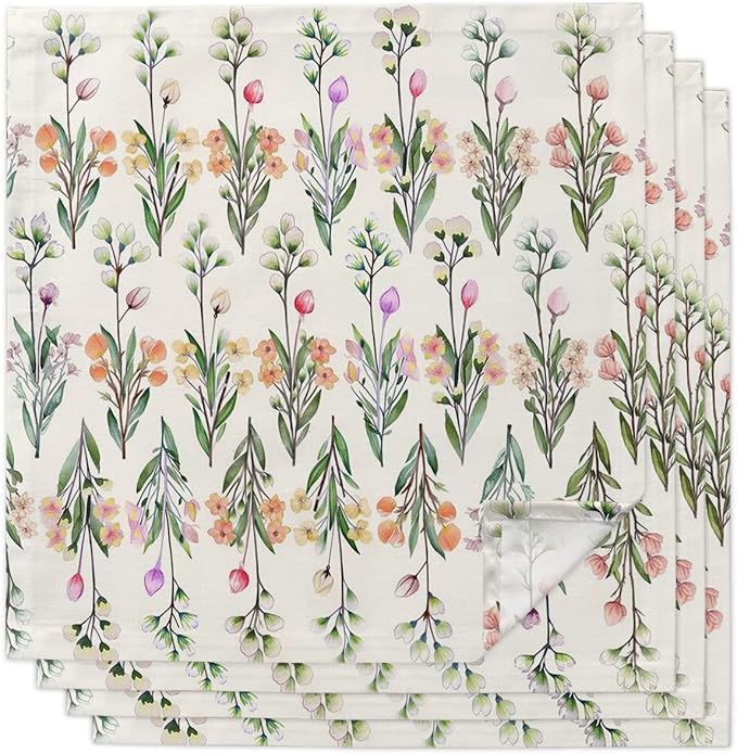 Floral Cloth Napkins Set of 4, Pink Purple Flower Green Leaves Spring Botanical Dinner Napkins Cloth Washable, Cocktail Napkins Reusable for Wedding, Party, Birthday (20"x20") by Unknown