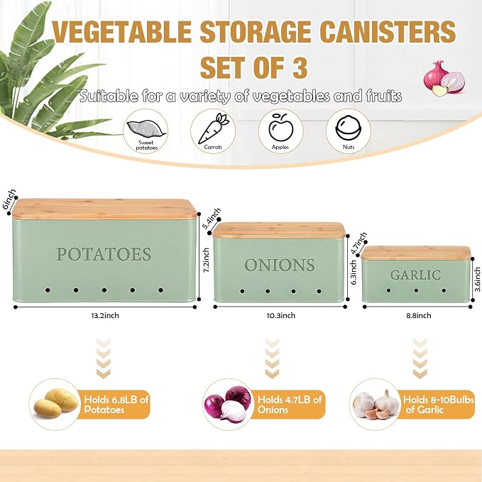 Honeydak 3 PCS Sage Green Potato Onion Garlic Storage Bins Set, Metal Vegetable Keeper Containers with Lids Aerating Holes for Kitchen Counter Pantry Keep Fresh Longer Farmhouse for Sweet-potato Fruit - Image 2