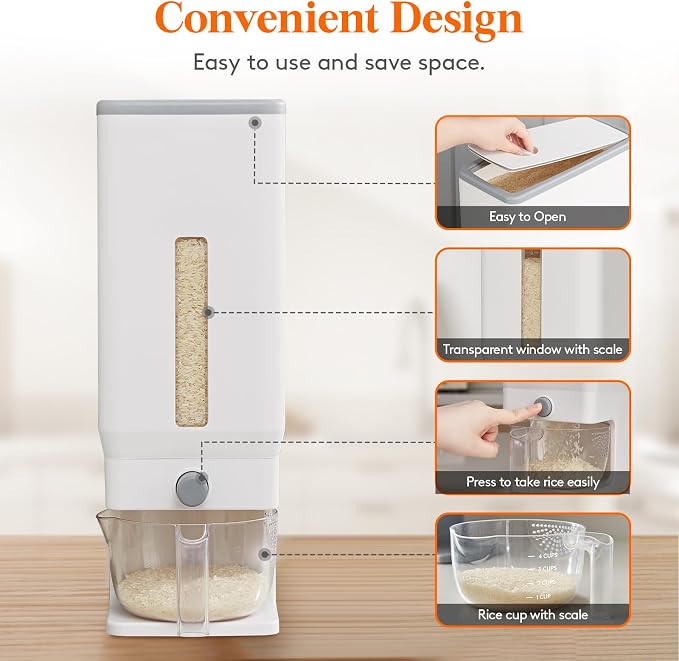 Lifewit Rice Dispenser 25 Lbs, Airtight Storage with Measuring Cup, White | BPA-Free 11.3kg Capacity Storage Container for Beans, Corn & Other Small Grains, One-Press Dispensing Bin for Kitchen Pantry - Image 4