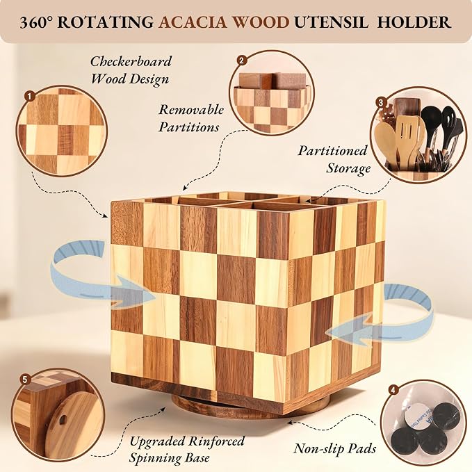 Rotating Square Wooden Utensil Holder – 7.3” Square Acacia Wood Kitchen Utensil Organizer with Checkered Design, Large Countertop Crock for Spatulas, Spoons & Cooking Tools, Farmhouse Kitchen Decor - Image 3