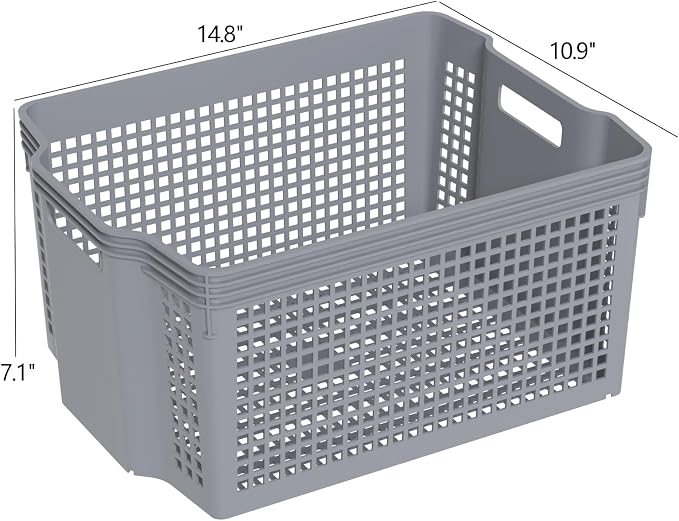 12-Pack Plastic Weave Storage Baskets, Large Stackable Bins | Grey Pantry Organizer Baskets for Kitchen Cabinets, Bathroom, Bedroom; Durable, Ventilated, Easy-Grab Design - Image 2