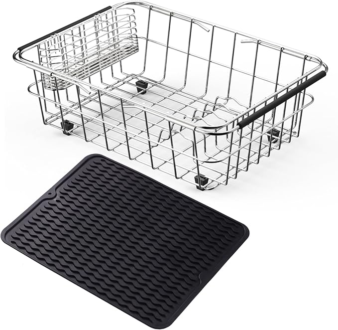 NiuYichee Stainless Steel Dish Drying Rack(15"L X 11"W X 4.1"H), Expandable Fruit & Vegetable Drain Rack over Sink, Dish Drainer Rack in Sink, with Stainless Steel Utensil Holder & Silicone Mat(16") by NiuYichee