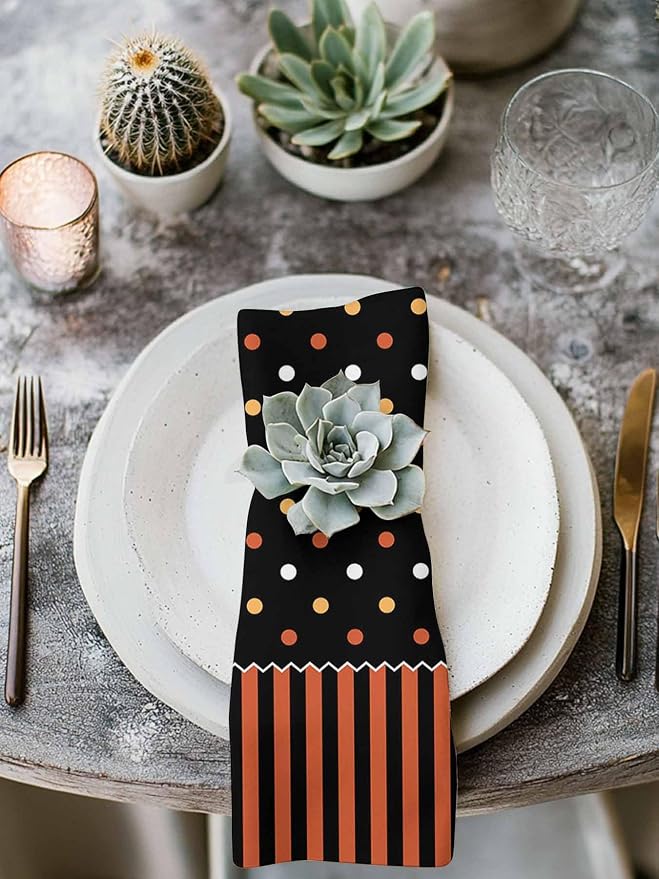 Halloween Cloth Napkins 20x20in Orange Black Striped Washable Soft Dinner Napkins Polka Dot Table Napkin Cloth for Hotel, Holiday, Dinner, Parties Table Decorations Set of 8 - Image 3