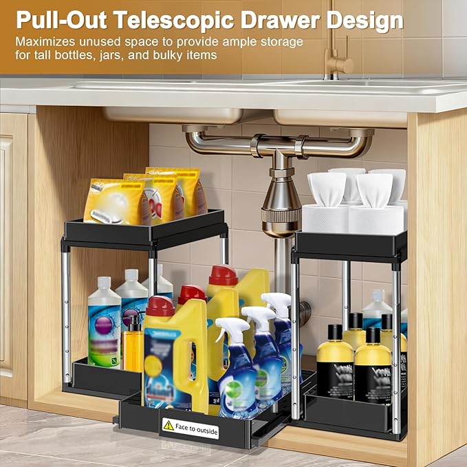 NIUXX Expandable Under Sink Organizer: 2 Tier Height Adjustable | Under Cabinet Organizer - Double Pull Out Shelf Under Sink Storage for Kitchen - Bathroom and Laundry Room - Space Saving - Image 4
