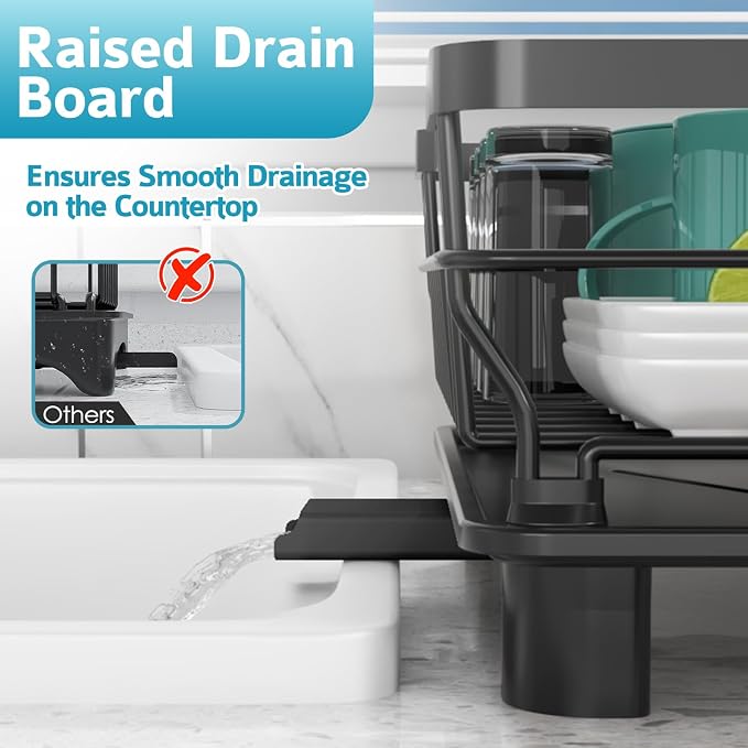 Dish Drying Rack - Space Saving Dish Rack - Dish Racks for Kitchen Counter with Drainboard,Rustproof Dish Drainer with Removable Utensil Holder,Black - Image 4