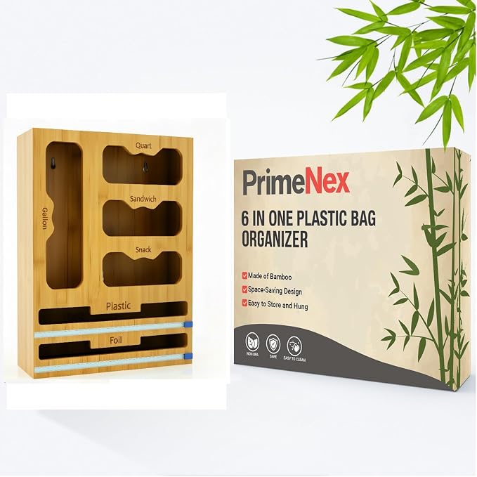 Storage Bag organizer, 6 in 1 Foil and Plastic Wrap Dispenser with Cutter, Bamboo Kitchen Drawer Organizer Food Bag Organizer for Gallon, Quart, Sandwich, Snack Bags (Natural) - Image 7
