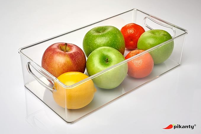 Pikanty Clear Refrigerator Organizer Bin with Handles — 11 Inch Compact Stackable Fridge and Pantry Storage Container for Snacks, Yogurt, Condiments, Dishwasher Safe, Made in USA - Image 5