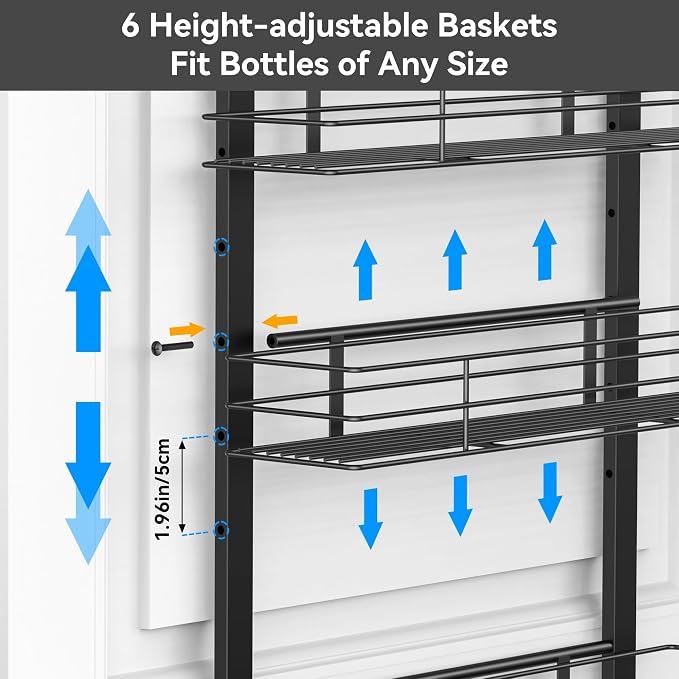 6-Tier Over The Door Spice Rack, Large-Capacity Adjustable Hanging Pantry Organizer 3 Size Baskets, No-Sway No-Drill Door Mount, Heavy-Duty Rustproof Steel, 15.75″ Wide, Black - Image 3