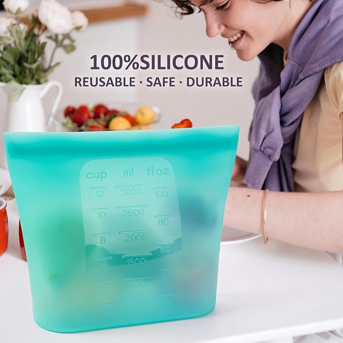 Extra Large Reusable Silicone Food Storage Bags 4 Pack, 0.8 Gallon/3000ml, 100% Silicone Stand-Up Wide-Open Zip-Lock Reusable Bags for Large Items, Microwave Freezer Oven Dishwasher Safe, Aqua - Image 2