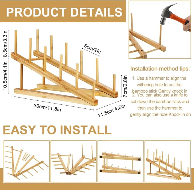 10 Pcs Wooden Bamboo Dish Drying Rack Kitchen Cabinet Organizer for Cabinet Cutting Board Display Stand for Dish Plate Bowl Water Bottles Cup Pot Lid Cutting Board - Image 2