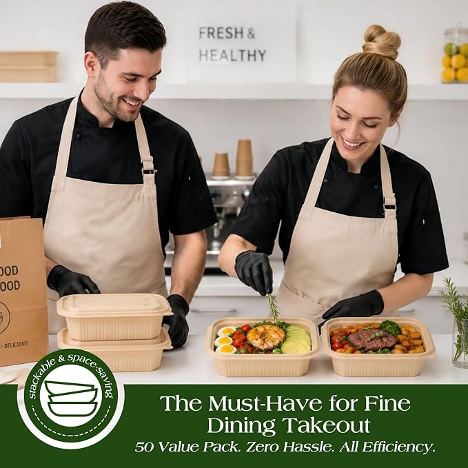 50 Pack (100 Piece) Food Containers with Lids, 22oz Meal Prep Containers Reusable Plant-based Cornstarch Lunch Box BPA Free Small Disposable Take Out Togo Boxes for Salad Microwave & Freezer Safe - Image 2