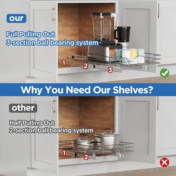 ROOMTEC Pull Out Cabinet Organizer - 17" W x 21" D, Slide Out Kitchen Cabinet Storage Shelves, Fits 18.5" Opening - Image 6