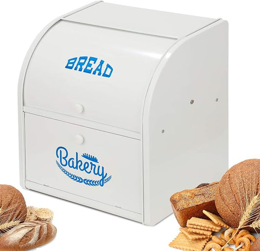 Bread Box, Metal Bread Box for Kitchen Countertop, 2 Layer Roll Top Bread Boxes, Stainless Steel Bread Storage, Kitchen Counter Bread Bin, Airtight Holder for Homemade Bread（White） by Pitmoly