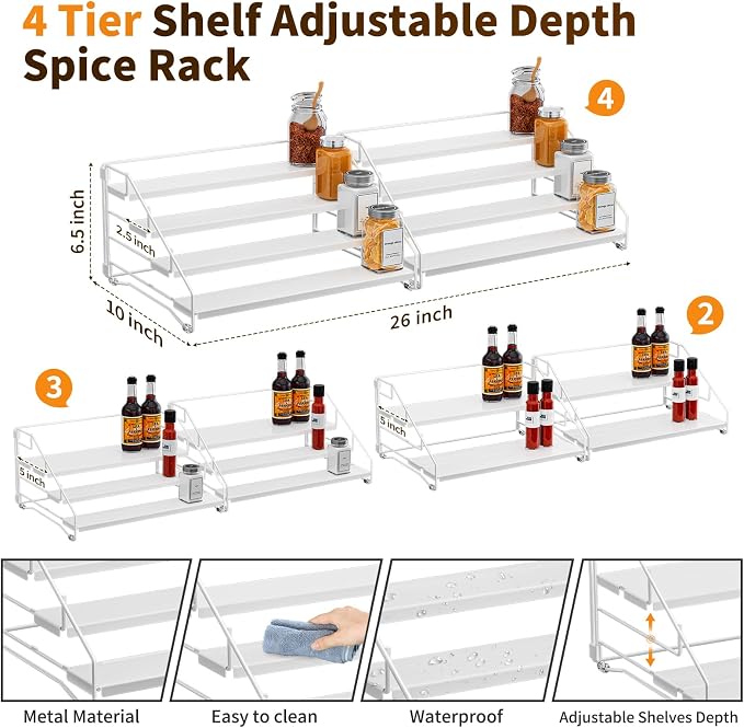 BOIVSHI Spice Organizer for Cabinet, Depth Adjustable Spice Rack, White | 4 Tier Spice Rack for Countertop, 2 Pack Spice Organization for Cabinet, Easy to Assemble Spice Cabinet Organizer - Image 4