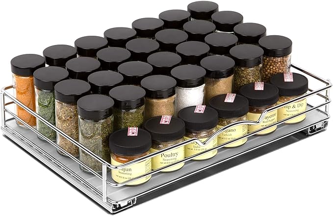 Pull-Out Cabinet Spice Rack Organizer, 14 ⅜"W x 10 ⅜"D x 2 ¾"H | Slim Slide-Out Storage for Spices, Bottles & Jars, Premium Heavy-Duty Steel, Easy Install for Narrow Kitchen Cabinets, Chrome by HOLDN%E2%80%99STORAGE