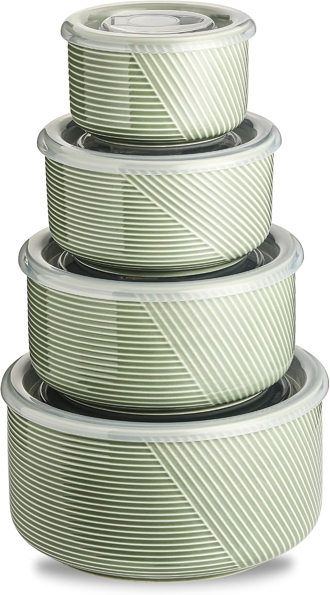 Ceramic Nesting Bowls with Lids, Set of 4, Green | 50/32/20/10 oz Mixing Bowls with Lids - Porcelain Food Storage Containers For Prep and Serving, Microwave Safe by Adewnest