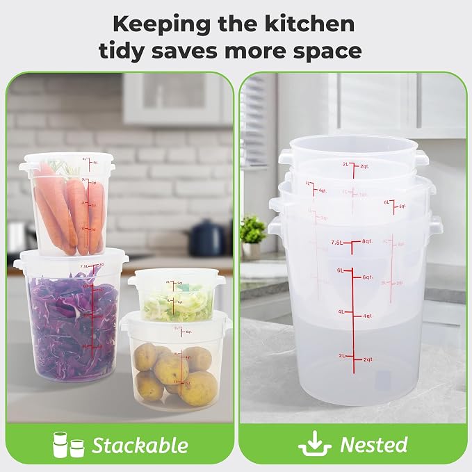 BIEAMA 4 Pack 8 Qt Round Food Storage Containers with Lids, Translucent PP | Include lids, labels, measuring cups and containers with capacity markings for food prep, pantry storage and dough proofing. - Image 6