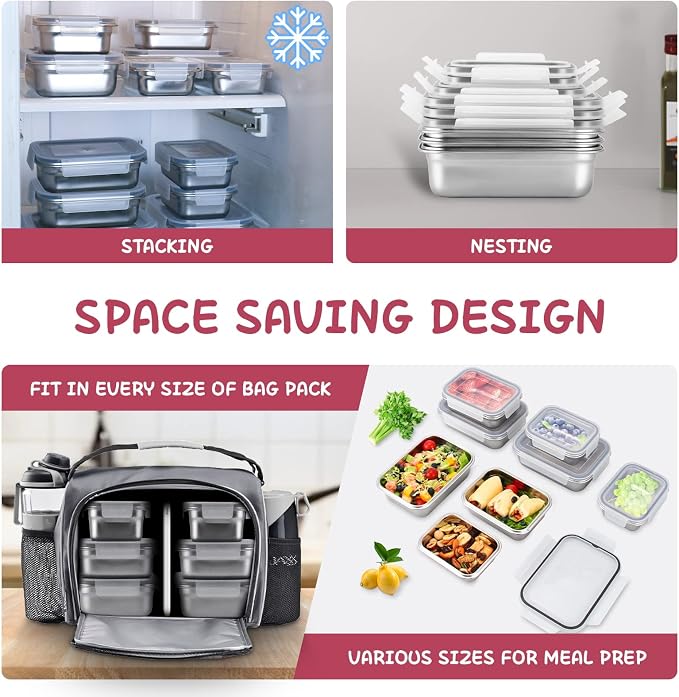 Cykorxicc 10 PC Square 304 Stainless Steel Food Containers with Lids, Airtight Bento Lunch Box, Metal Meal Prep Food Containers Reusable Stackable | Nestable Oven/Dishwsher/Freezer Safe - Image 3